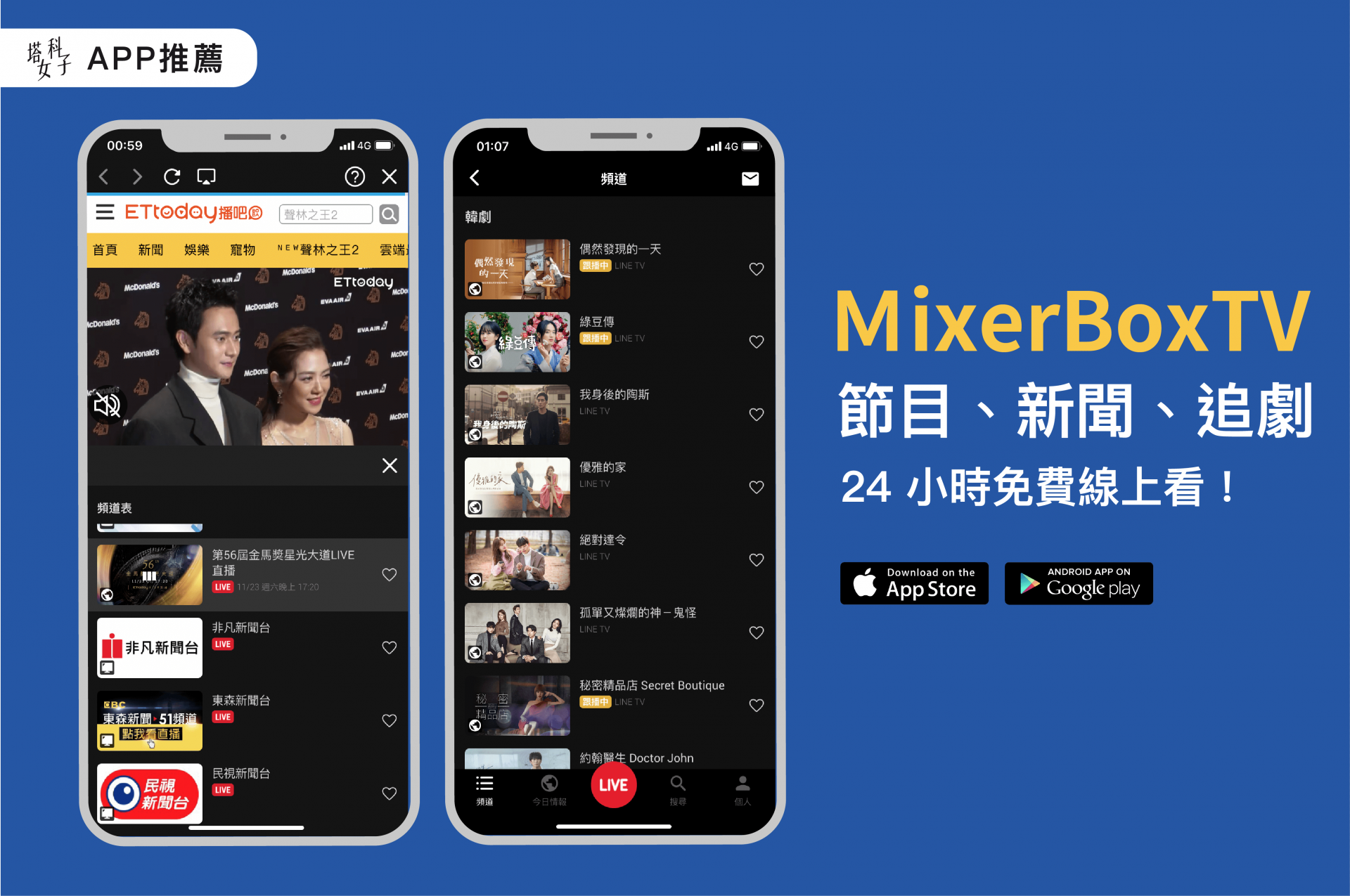 免費追劇 APP MixerBoxTV，讓你節目、新聞、影集看到飽 塔科女子